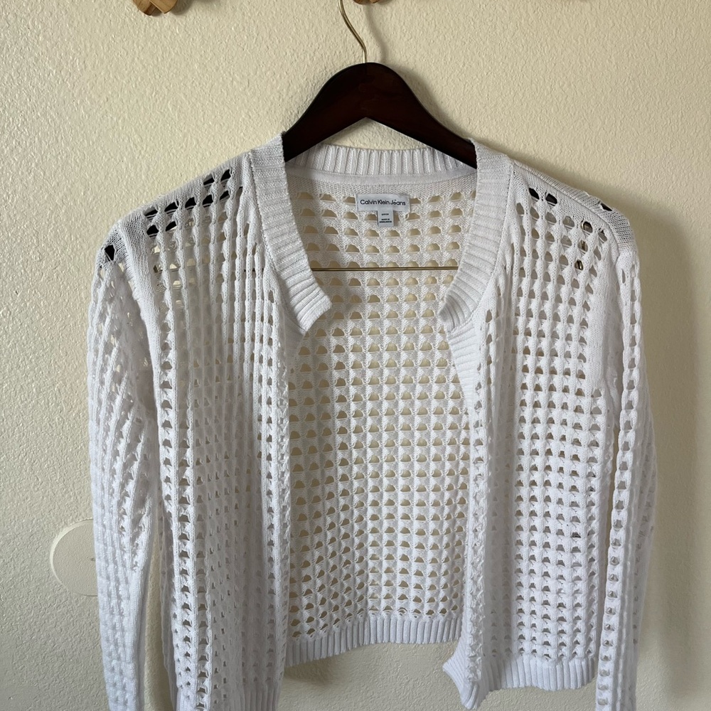 Calvin Klein White Cardigan with Lattice Design
